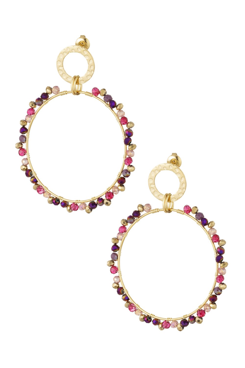 Double circle earrings with beads - Gold color/grey 