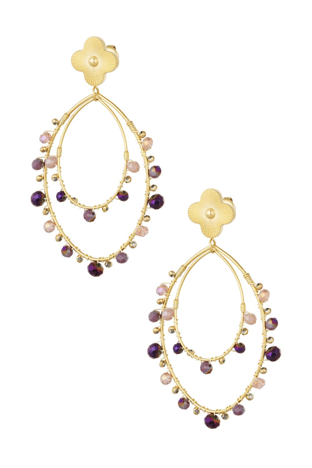 Oval earrings with beads - Gold color/black