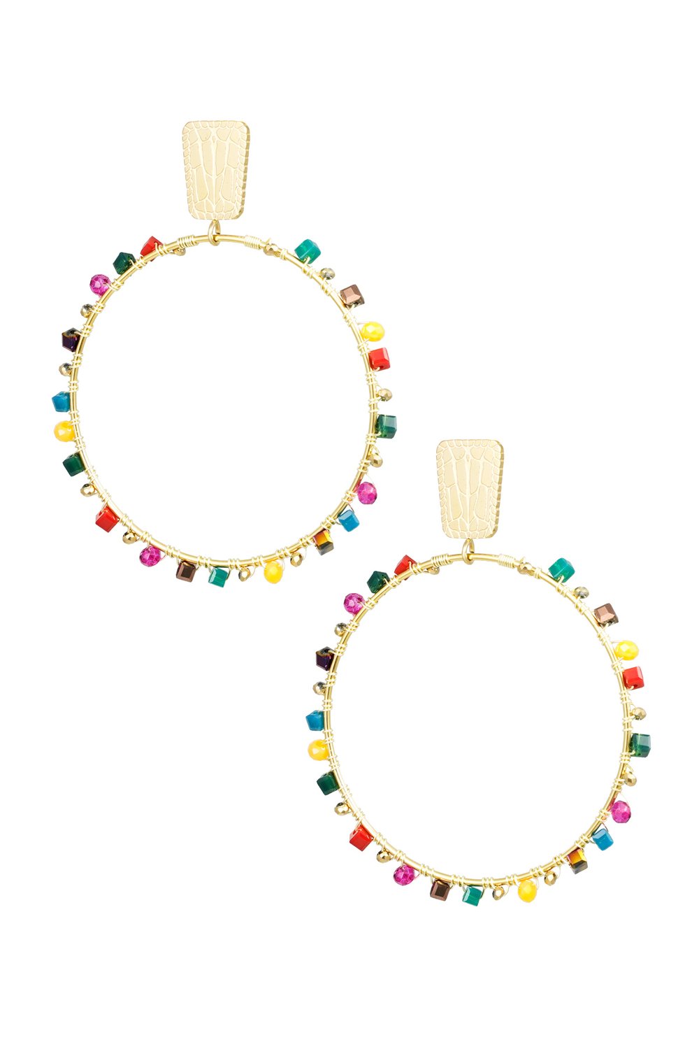 Round earrings with beads - Gold color/blue