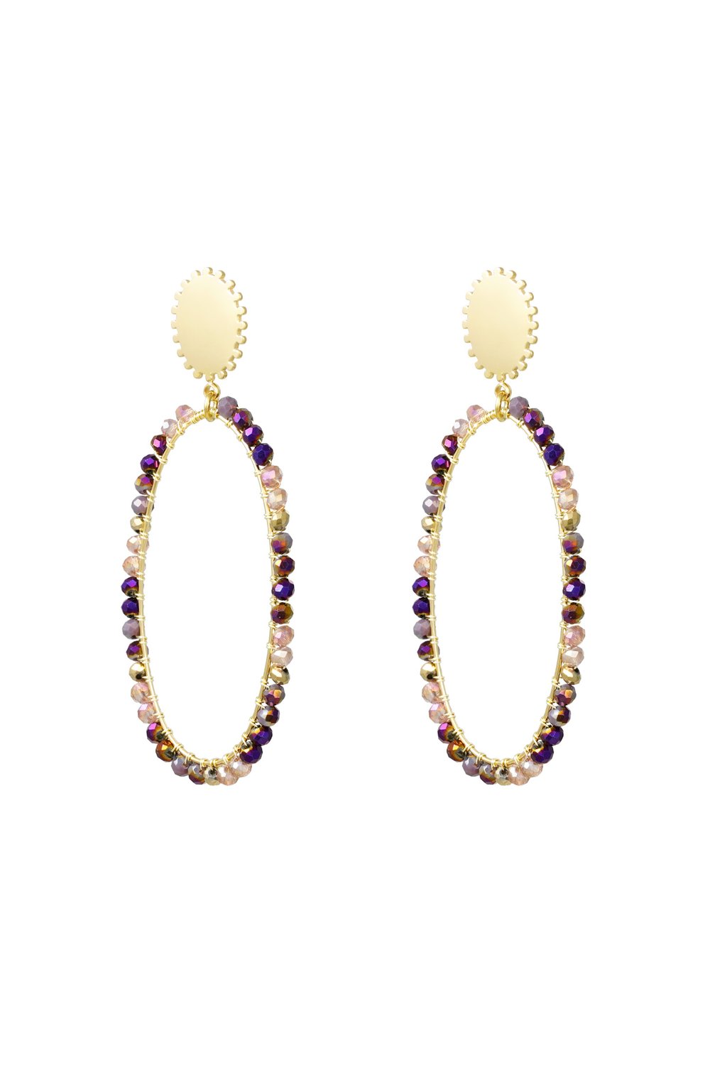 Elongated earrings with beads - Gold color/beige