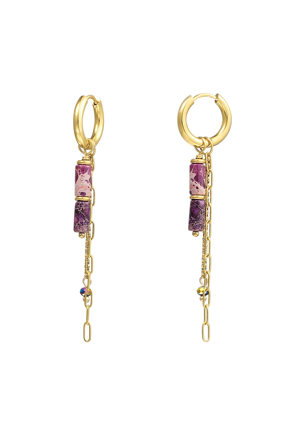 Earrings tube beads with chains - Gold color/fuchsia