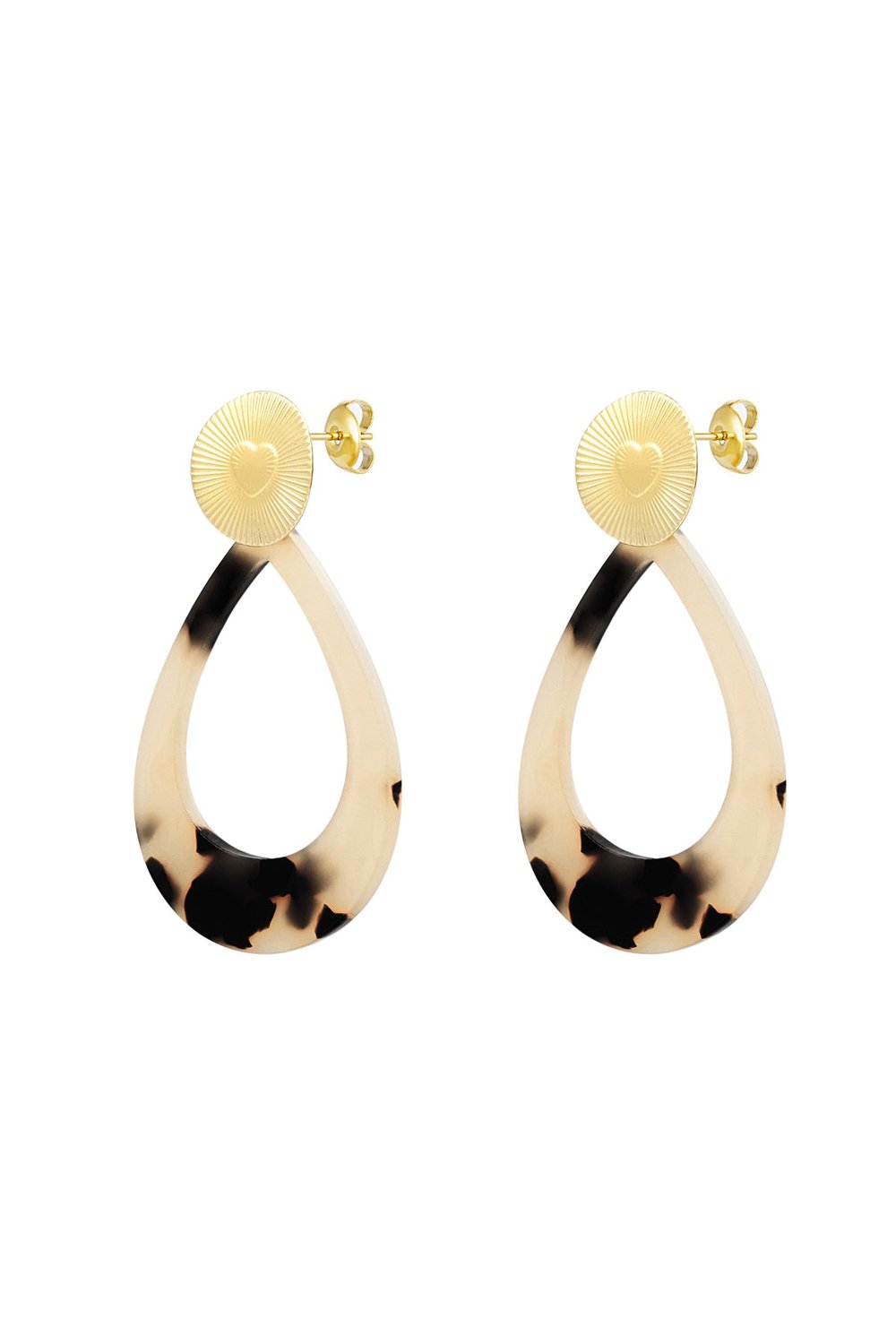 Orecchini moneta cuore con ovale - Colore oro/beige