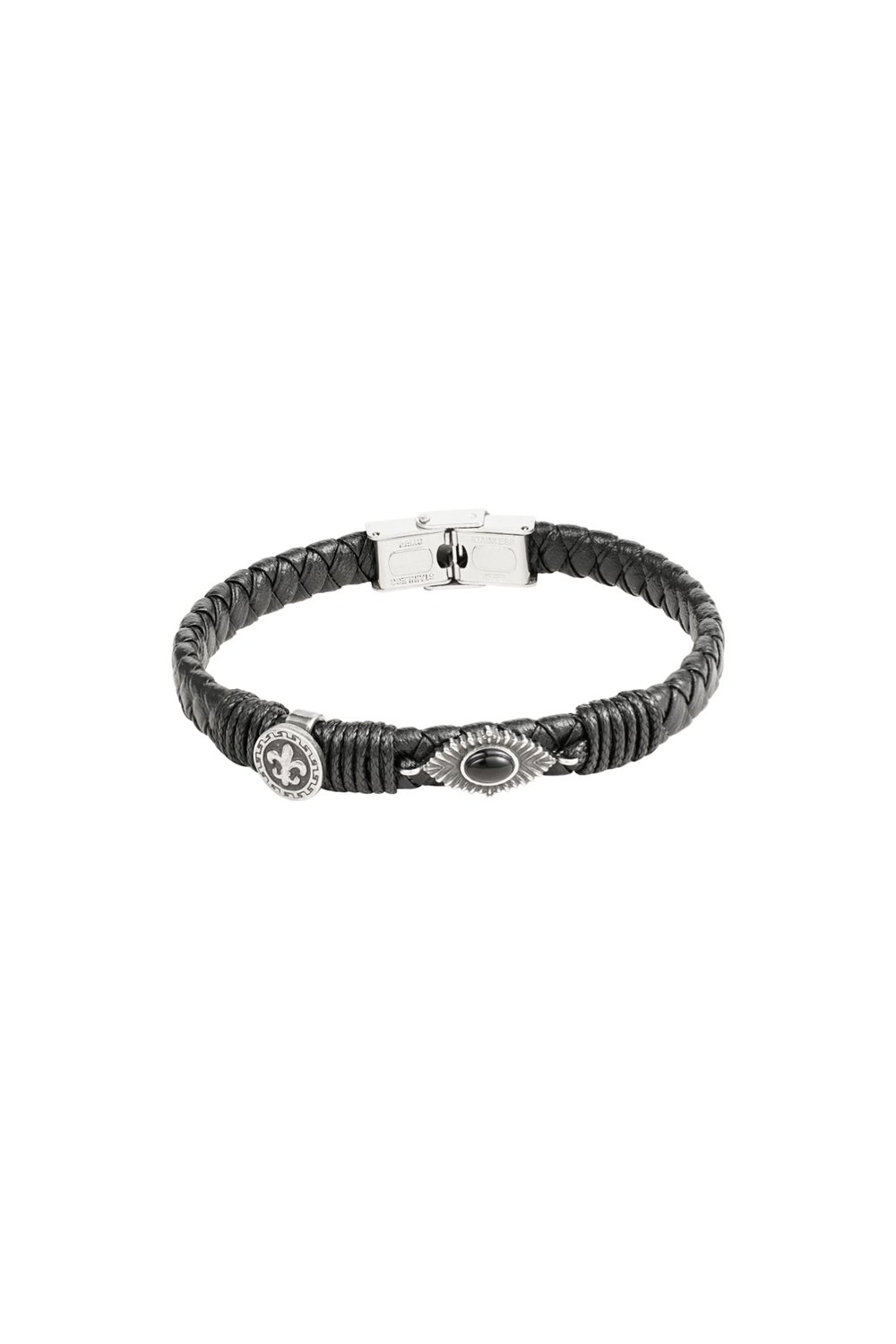 Bracciale da uomo intrecciato con pietre - argento/nero