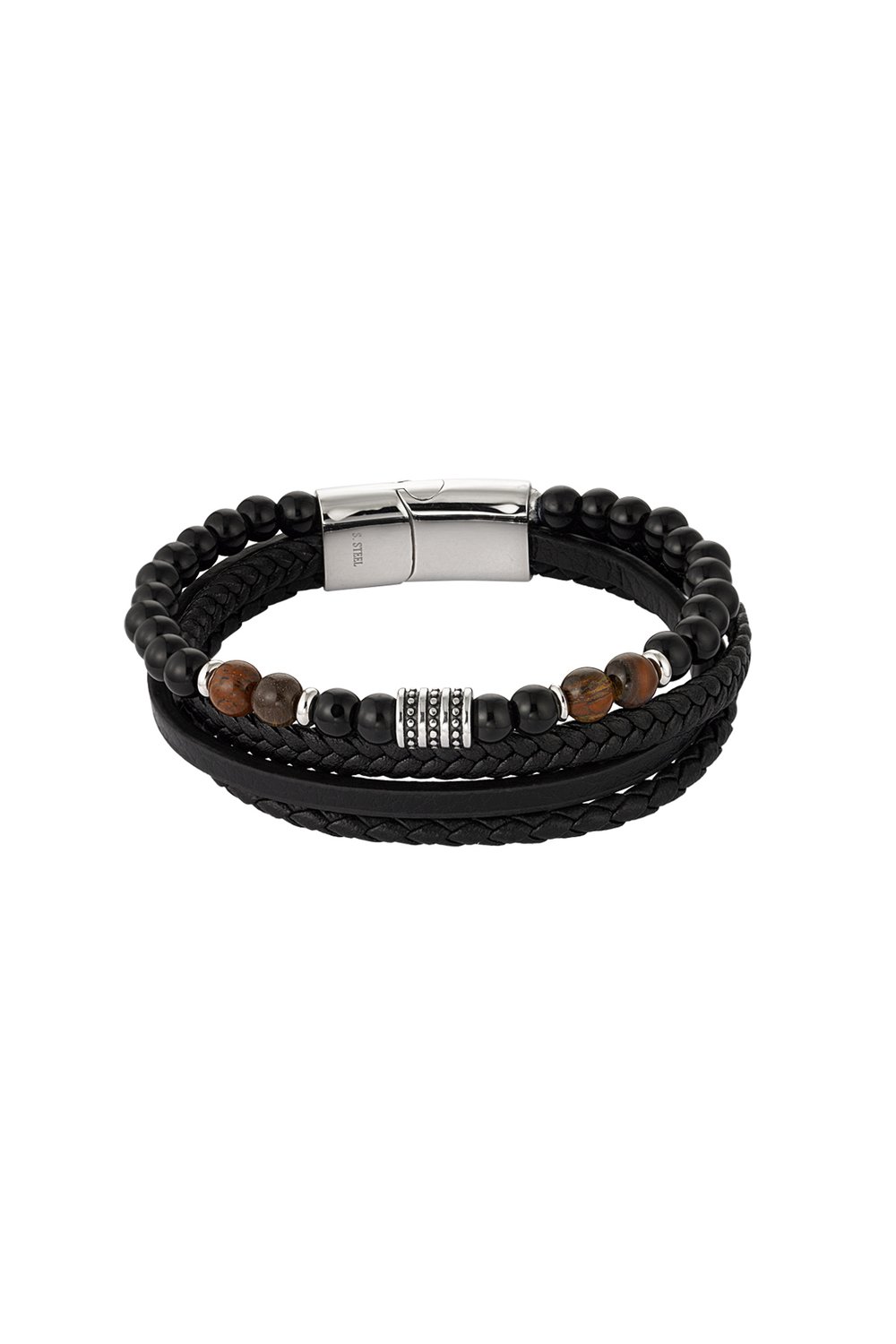 Men's bracelet double braided with beads - Silver color/black 