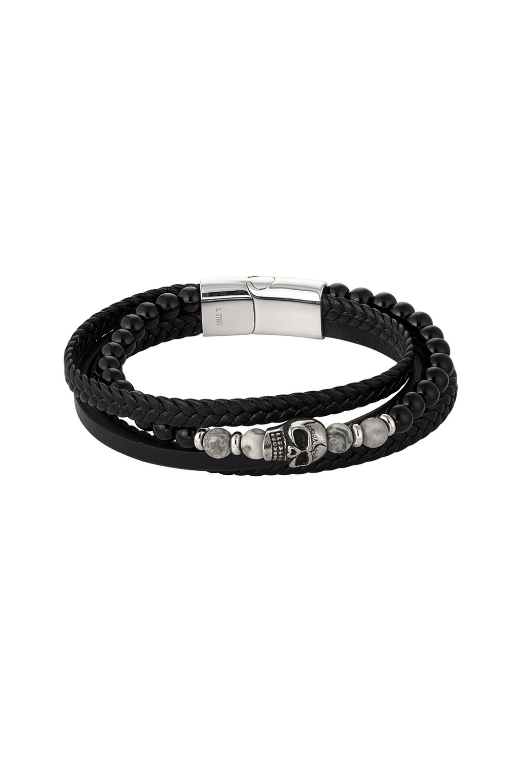 Pulsera doble para hombre trenzada con cuentas y dije de calavera - marrón/negro 