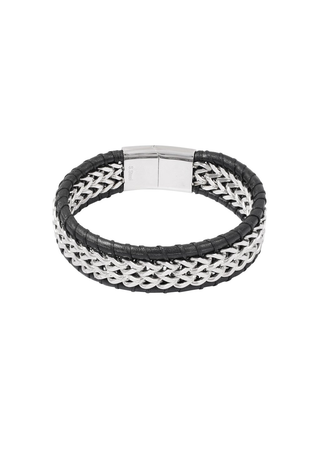 Men's bracelet with leather - silver color black