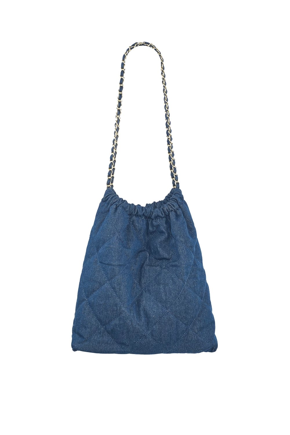 Denim bag with stitched motif and chain 
