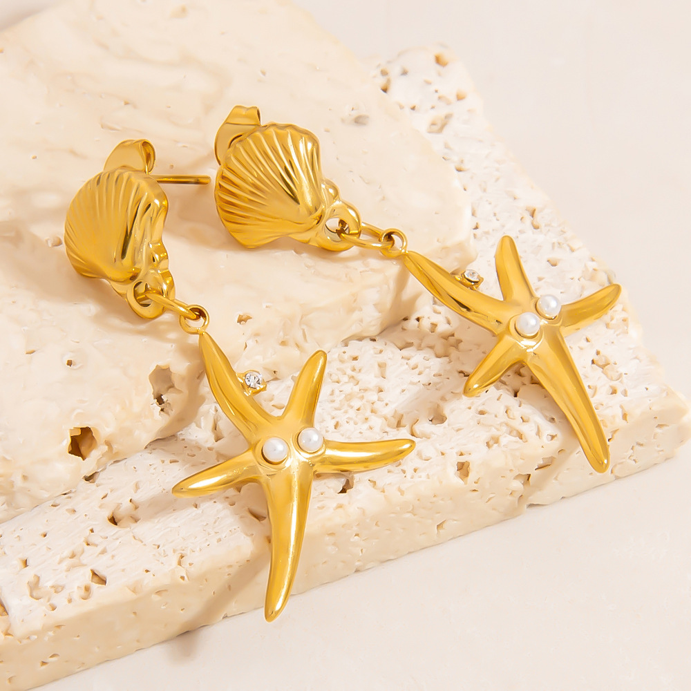 Retro Starfish Stainless Steel Gold Color Drop Earrings h5Picture6
