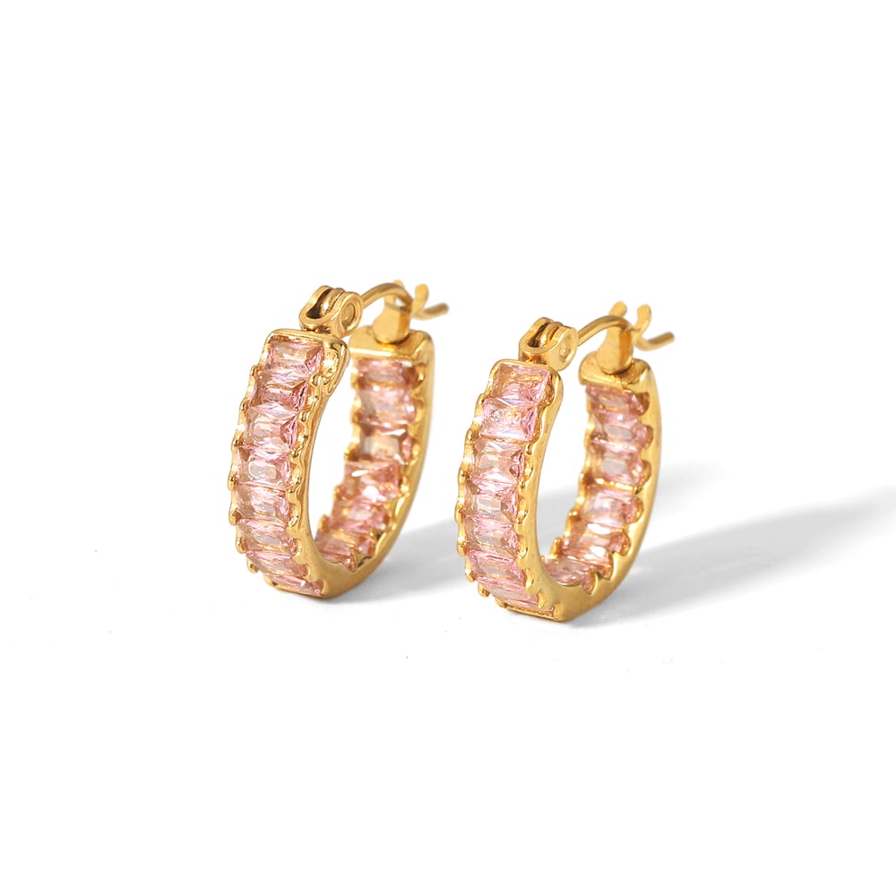 1 pair of elegant and fashionable  gold-plated stainless steel colorful rectangular zircon hoop earrings for women jewelry daily wear 