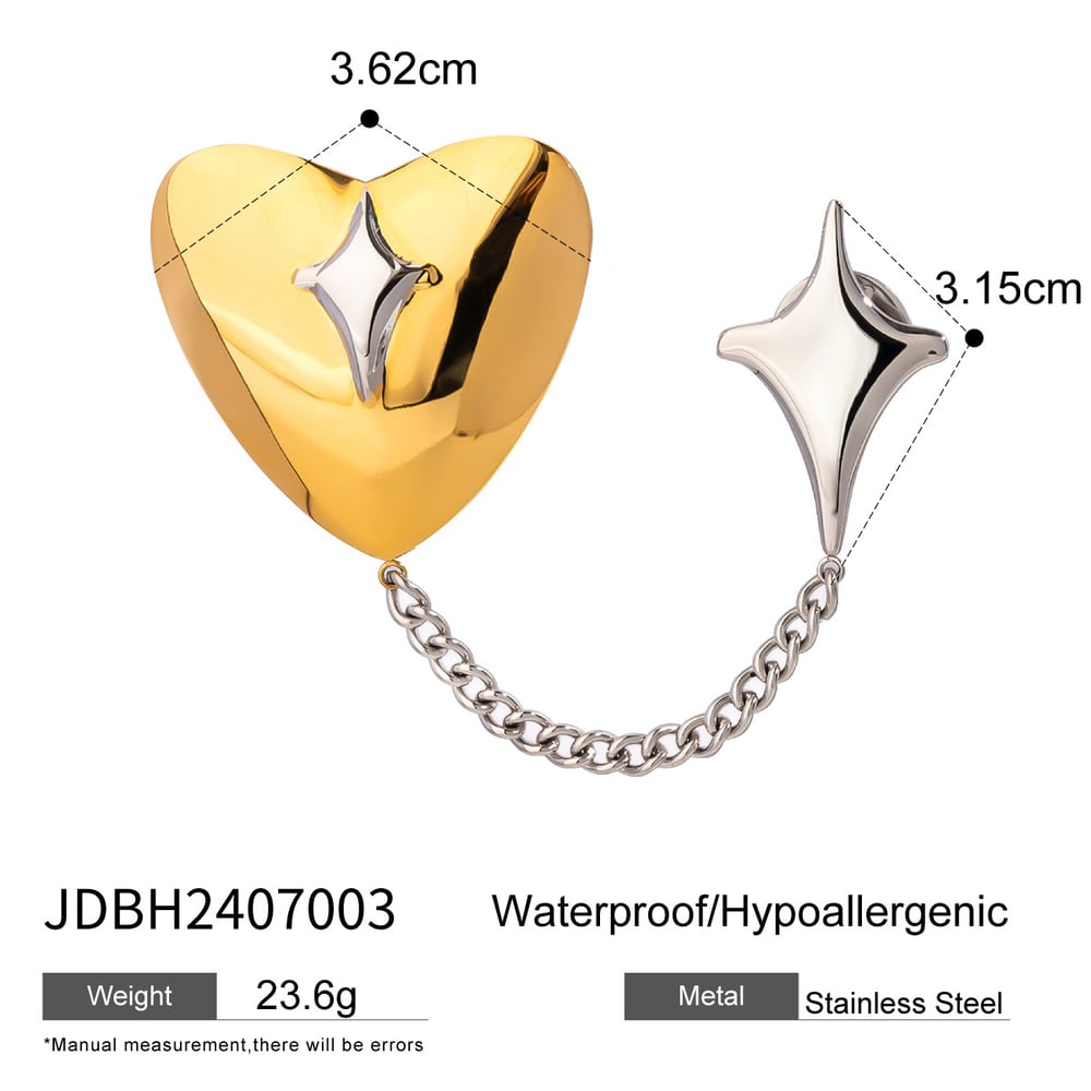 1 pair simple retro style heart shape stainless steel  gold plated women's brooches h5Picture2