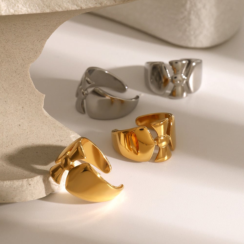 1 pair simple series casual bow knot stainless steel  gold plated women adjustable rings