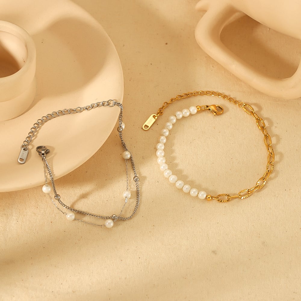 1 pezzo di squisito ed elegante bracciale a catena di perle a doppio strato in acciaio inossidabile placcato oro 18k per gioielli da donna da indossare ogni giorno