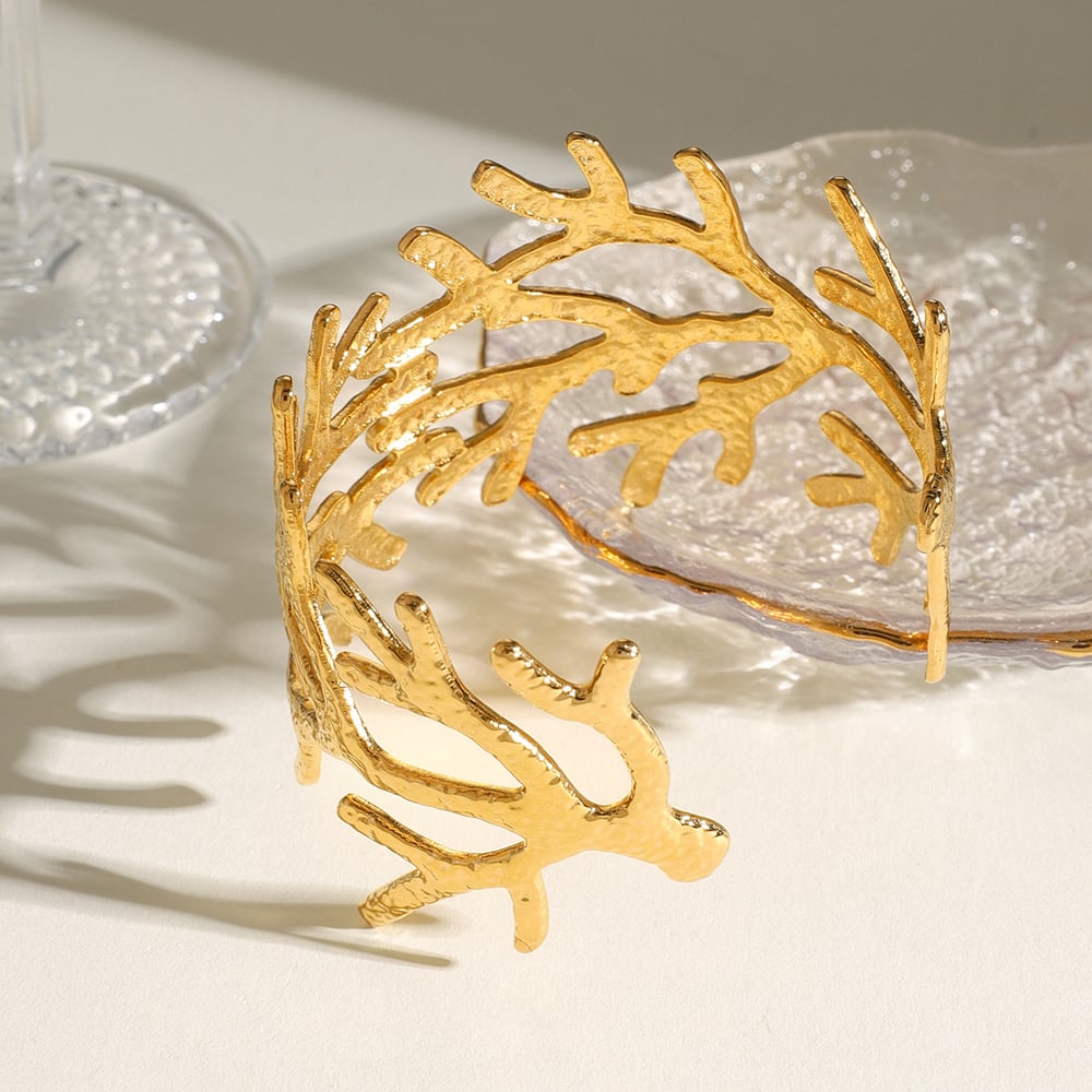 1 piece simple series retro plant stainless steel  gold plated women bangles 