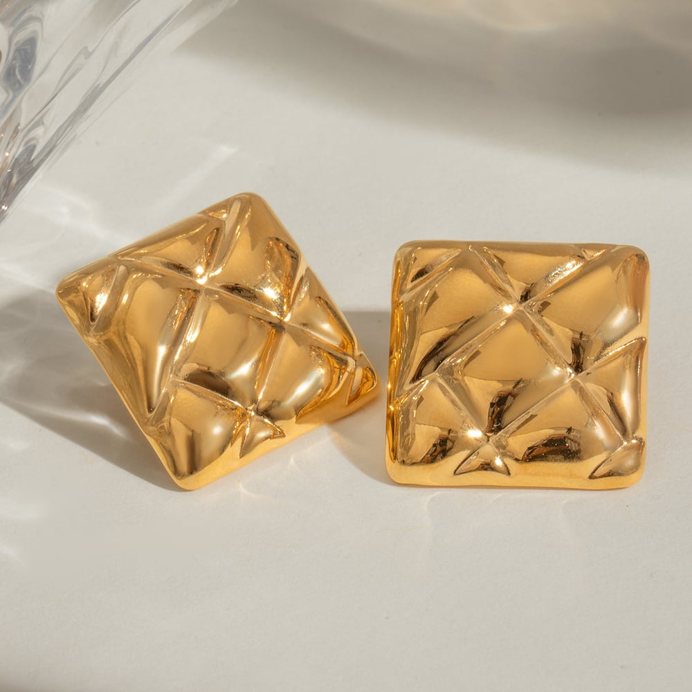1 Pair Retro Plaid Square Shape Stainless Steel  Gold Color Stud Earrings