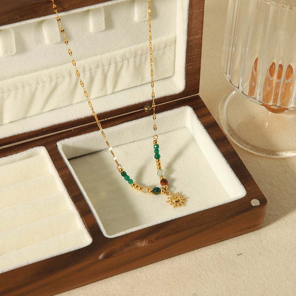 1 piece exquisite fashion  gold-plated stainless steel sun pendant colorful bead necklace women's jewelry daily wear 