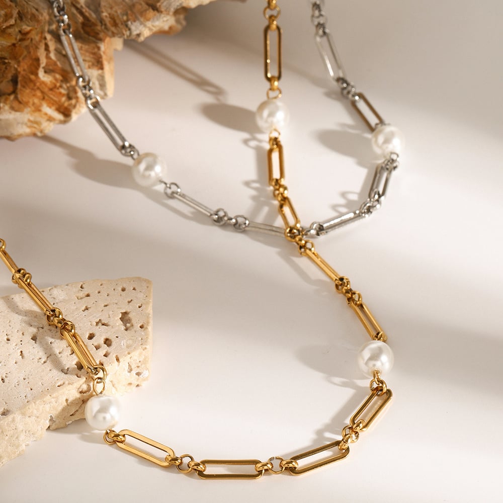 1 piece simple series elegant geometric stainless steel  gold plated artificial pearl women chain necklaces