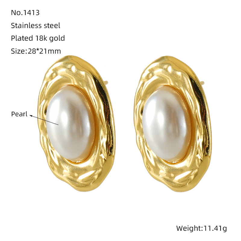 1 pair light-luxury casual style oval heart shape stainless steel  gold plated inlay artificial pearl women's stud earrings h5Picture2