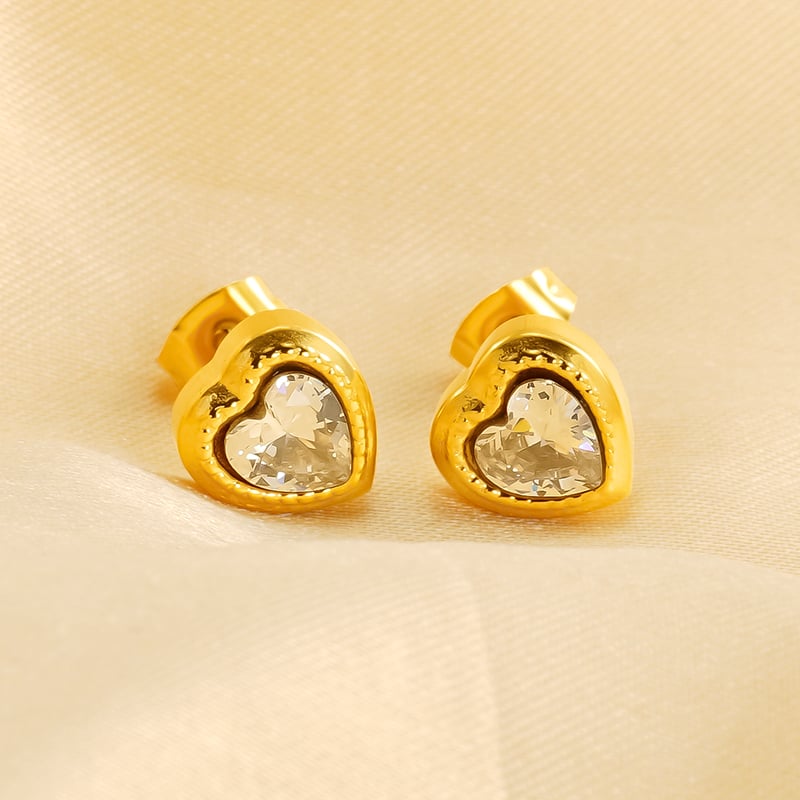 1 pair romantic sweet style heart shape stainless steel  gold plated inlay zircon women's stud earrings