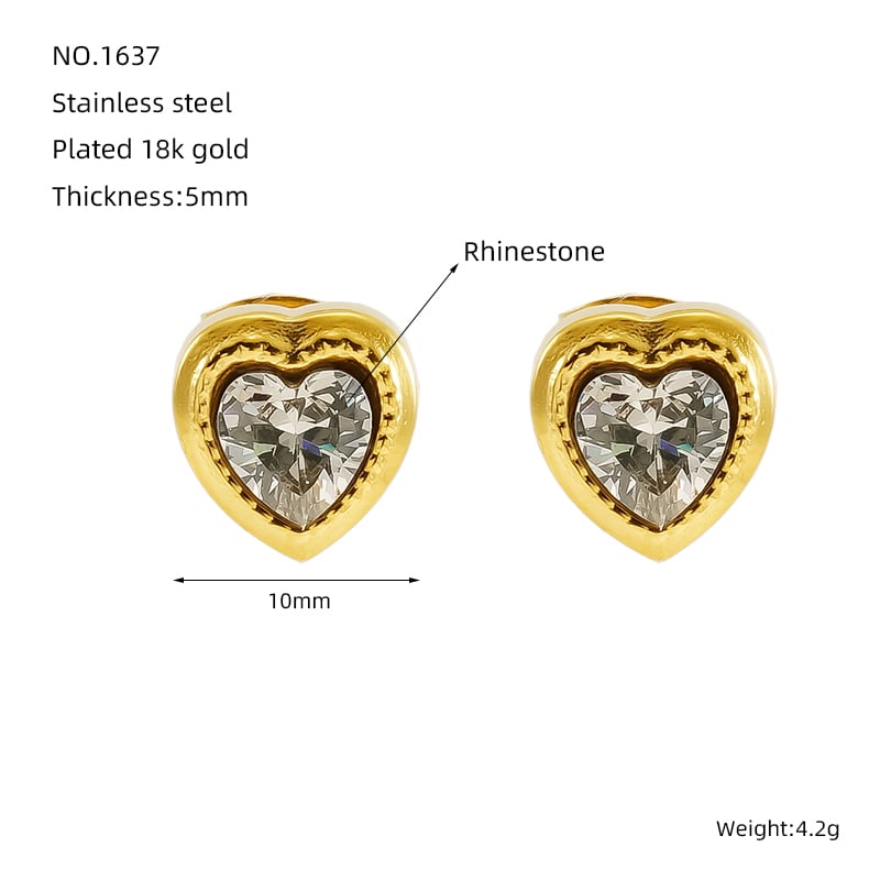 1 pair romantic sweet style heart shape stainless steel  gold plated inlay zircon women's stud earrings Picture2