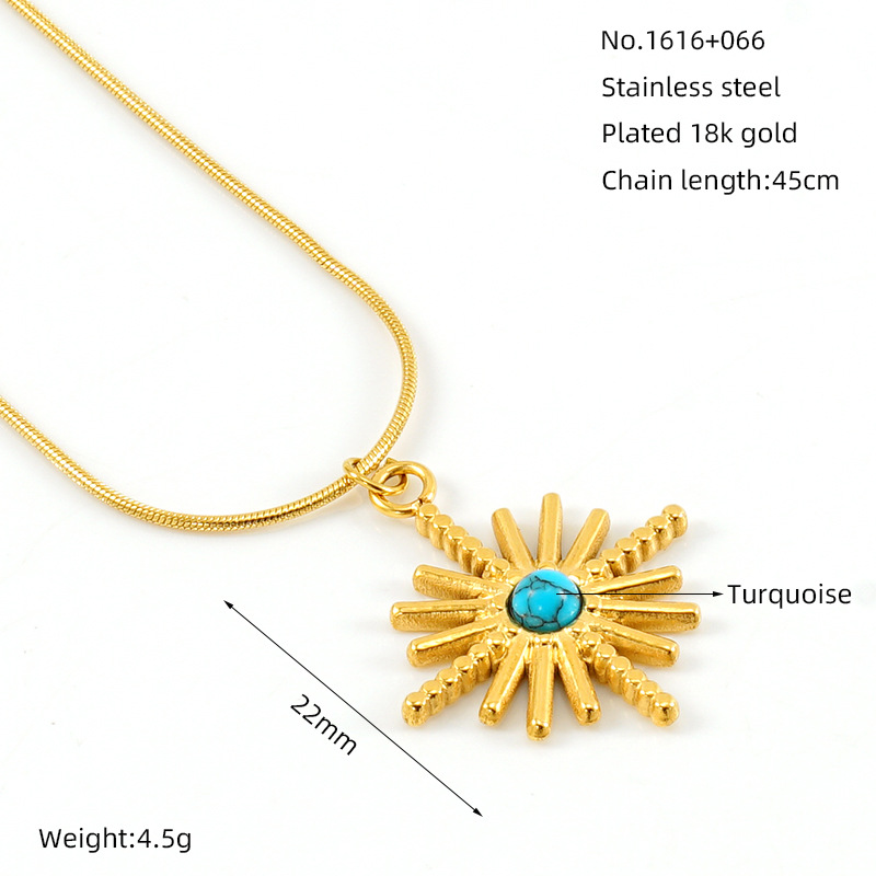1 piece classic retro style geometric shape stainless steel  gold plated inlay turquoise women's pendant necklace h5Picture2