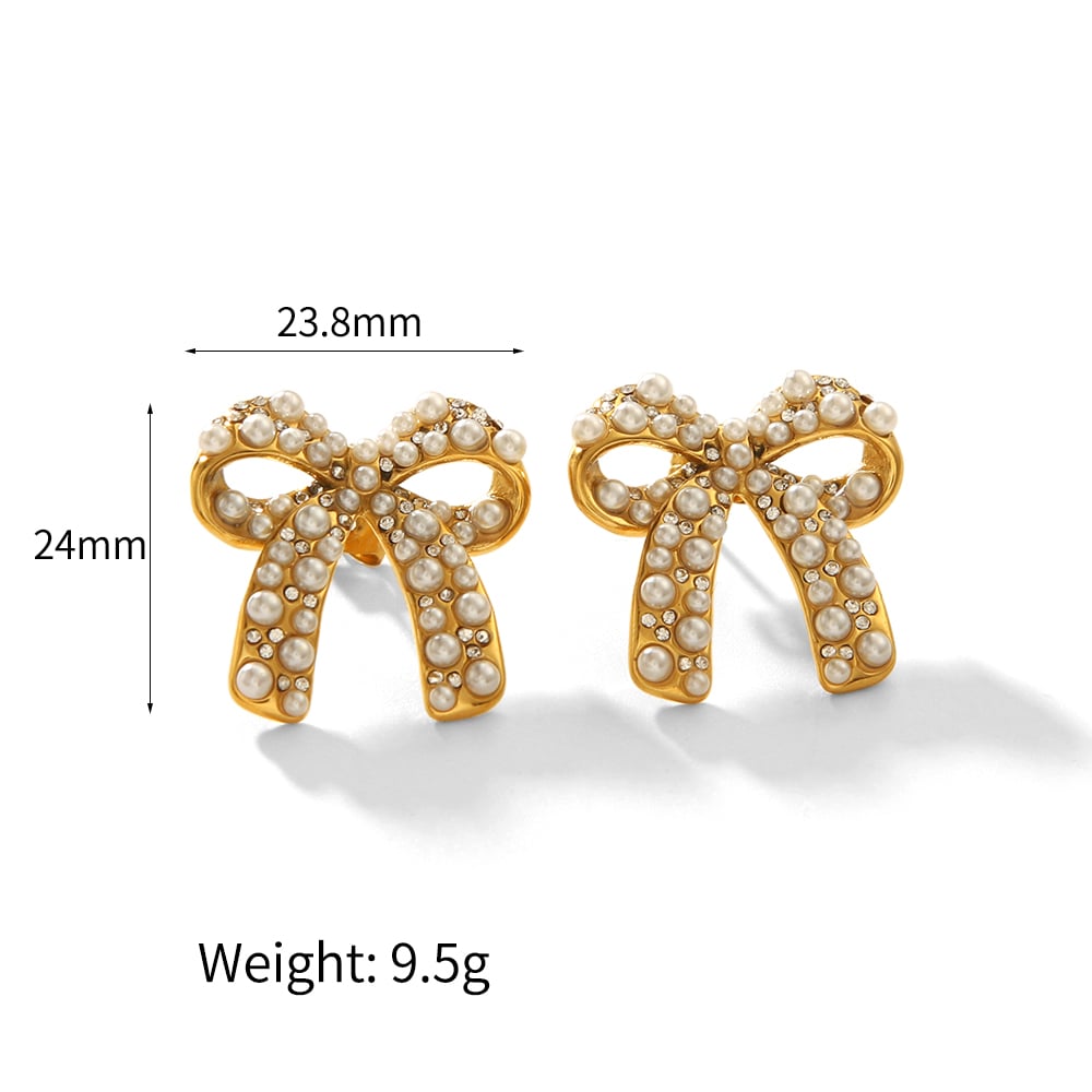 1 pair simple series sweet bow knot stainless steel  gold plated artificial pearl women stud earrings Picture2