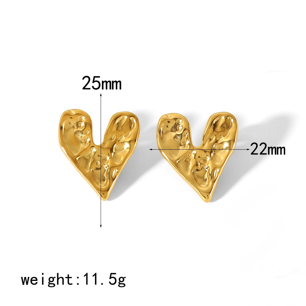 1 pair simple sweet style hammered texture heart shape stainless steel  gold plated women's stud earrings Picture2