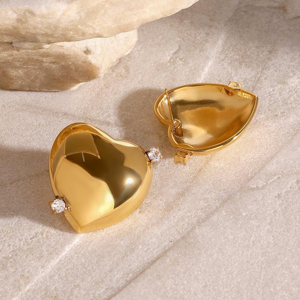 1 pair simple series casual heart stainless steel  gold plated rhinestone women stud earrings
