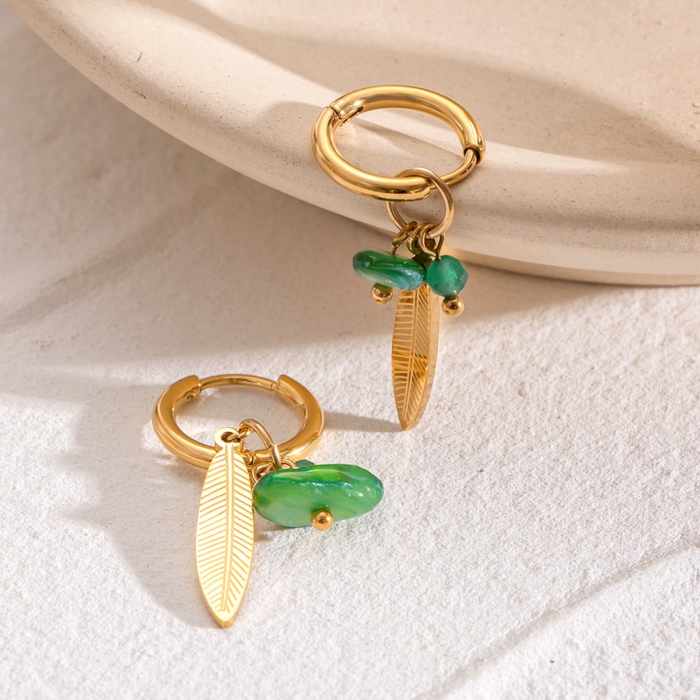 1 pair ethnic series retro plant stainless steel  gold plated natural stone women drop earrings