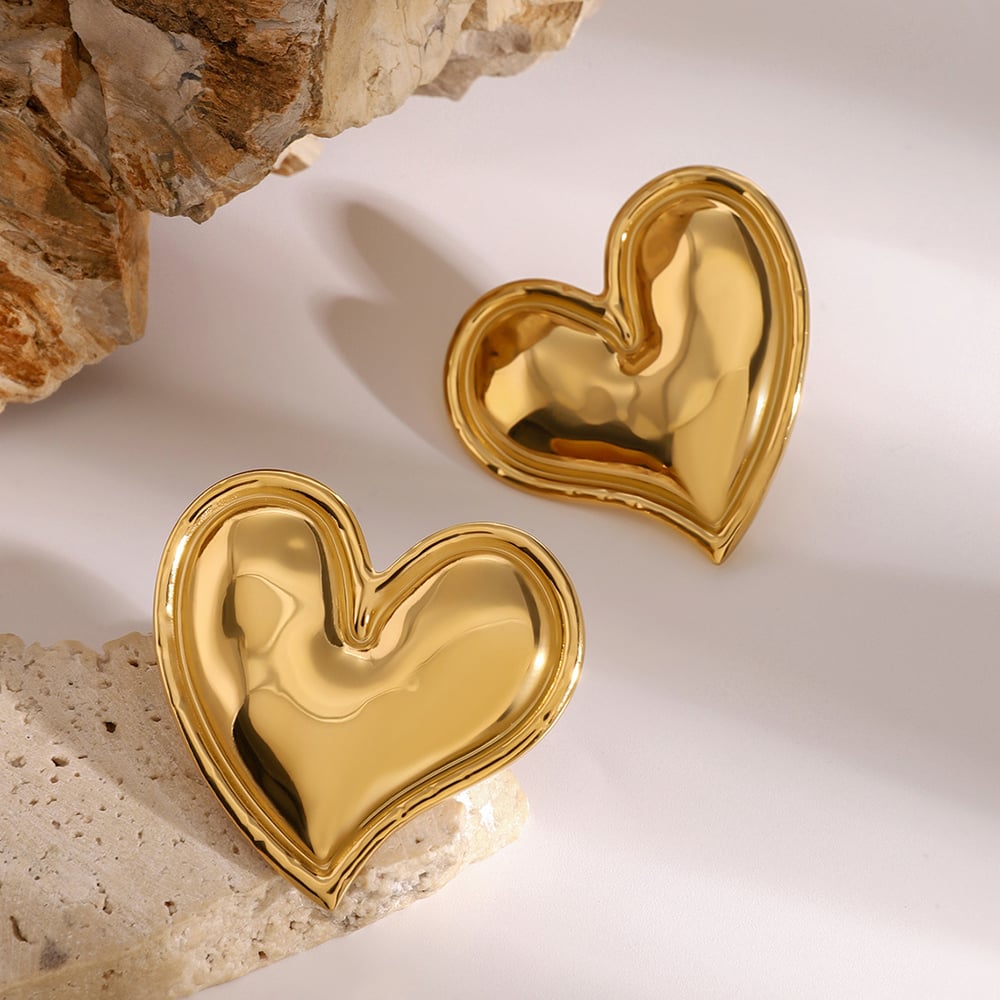 1 Pair Heart Stainless Steel  Gold Color Stud Earrings 