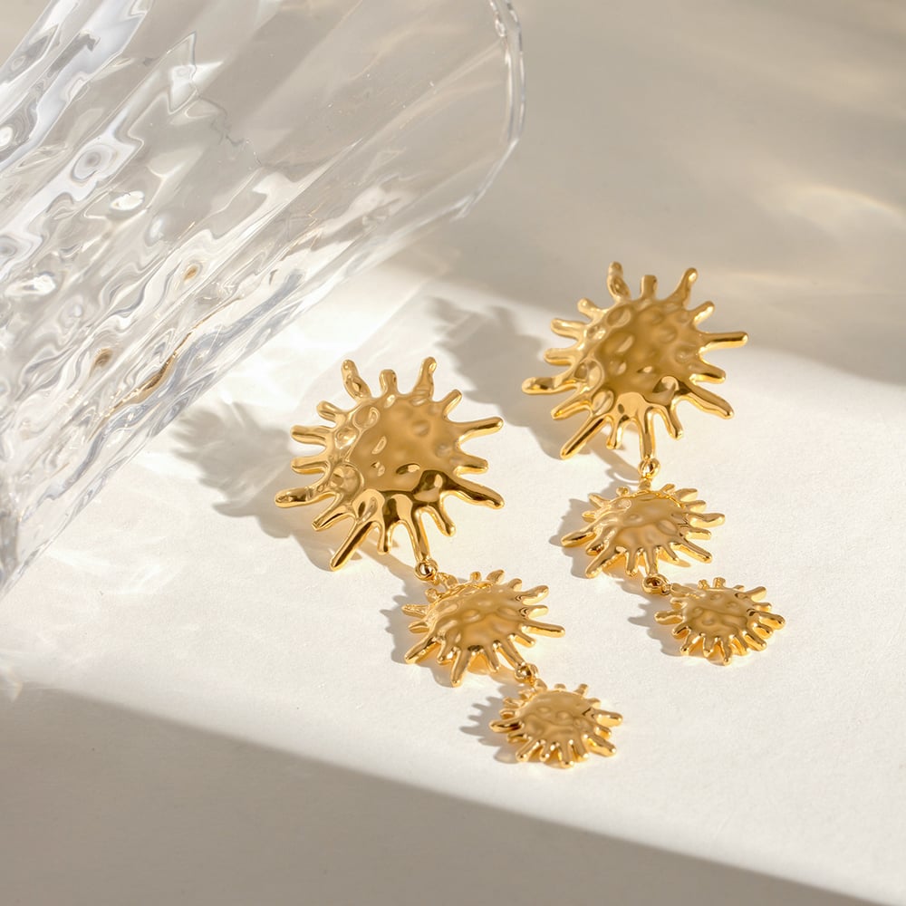1 Pair Retro Sun Stainless Steel  Gold Color Dangle Earrings