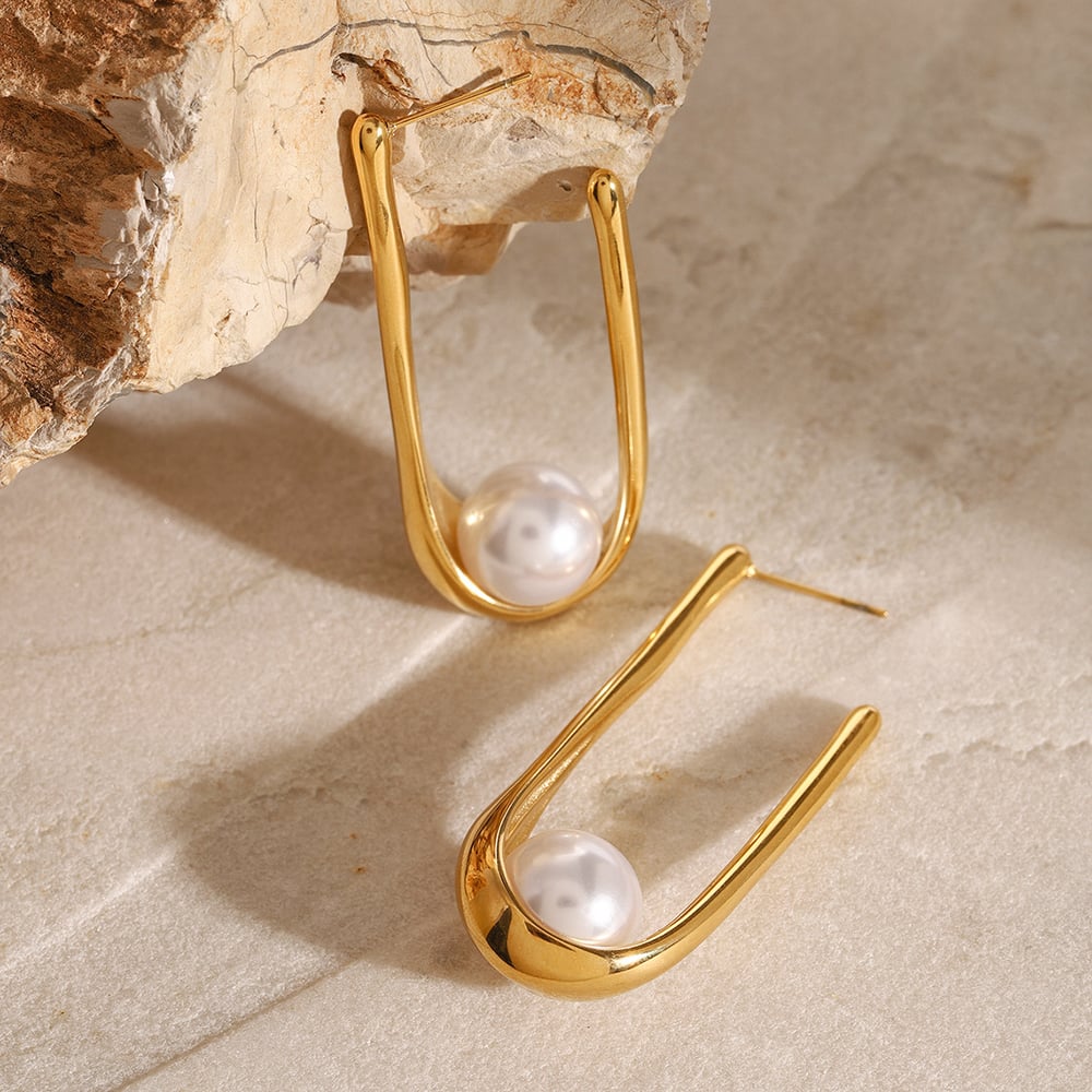 1 pair simple series casual letter stainless steel  gold plated artificial pearl women hoop earrings