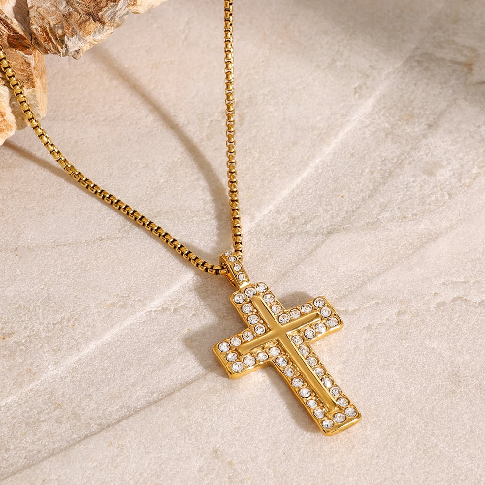 1 piece ethnic series classic cross stainless steel  gold plated zircon women pendant necklaces