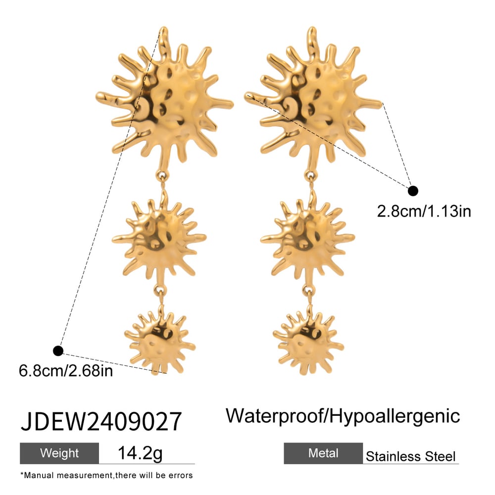 1 Pair Retro Sun Stainless Steel  Gold Color Dangle Earrings h5Picture2