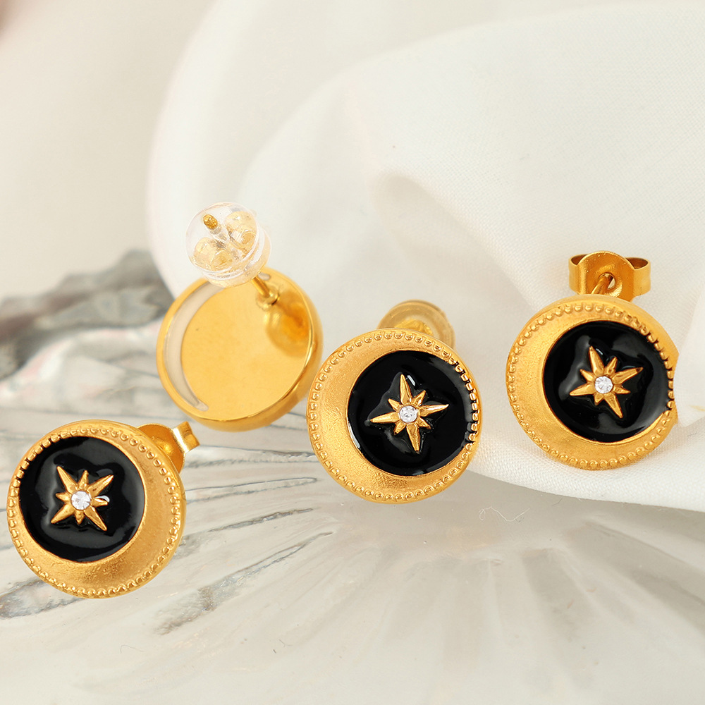 1 pair classic series retro sun/moon stainless steel  gold plated rhinestone women stud earrings