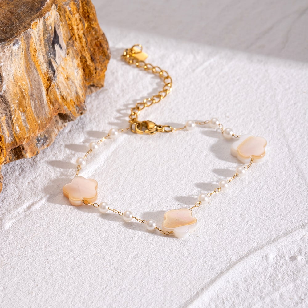 1 piece simple series sweet flower stainless steel  gold plated women beaded bracelets