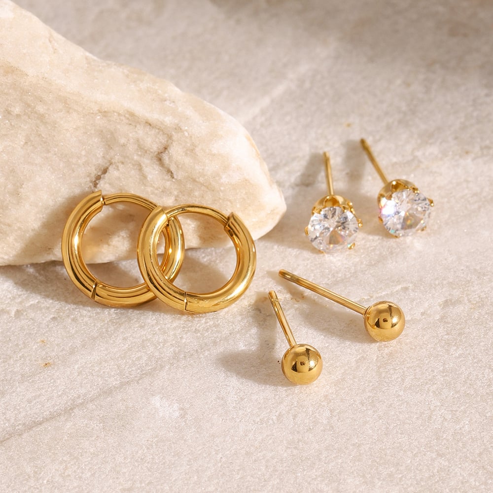 1 set di orecchini da donna semplici e geometrici in acciaio inossidabile color oro con zirconi