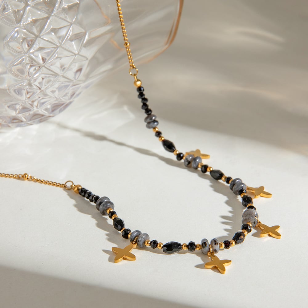 1 piece simple series elegant beads stainless steel  gold plated natural stone women pendant necklaces