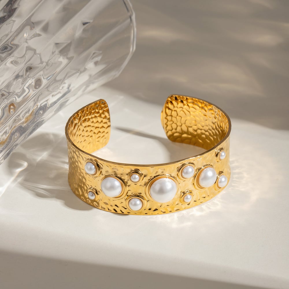 1 piece simple series retro geometric stainless steel  gold plated artificial pearl women bangles 