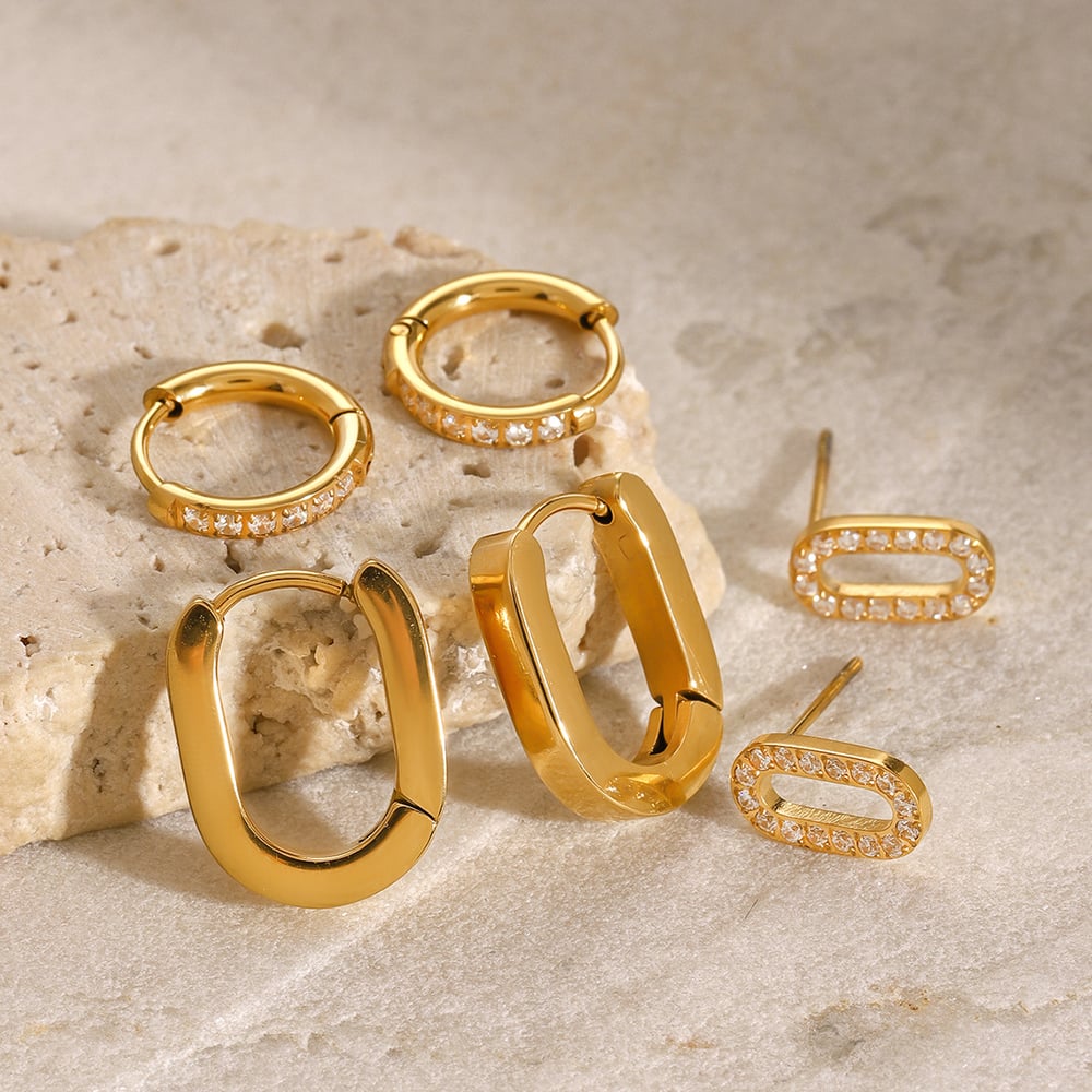 1 pair simple series classic geometric stainless steel  gold plated rhinestone women earrings set