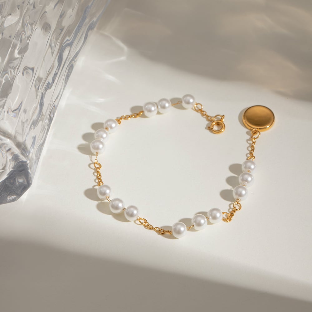 1 piece simple series sweet beads stainless steel  gold plated artificial pearl women beaded bracelets 