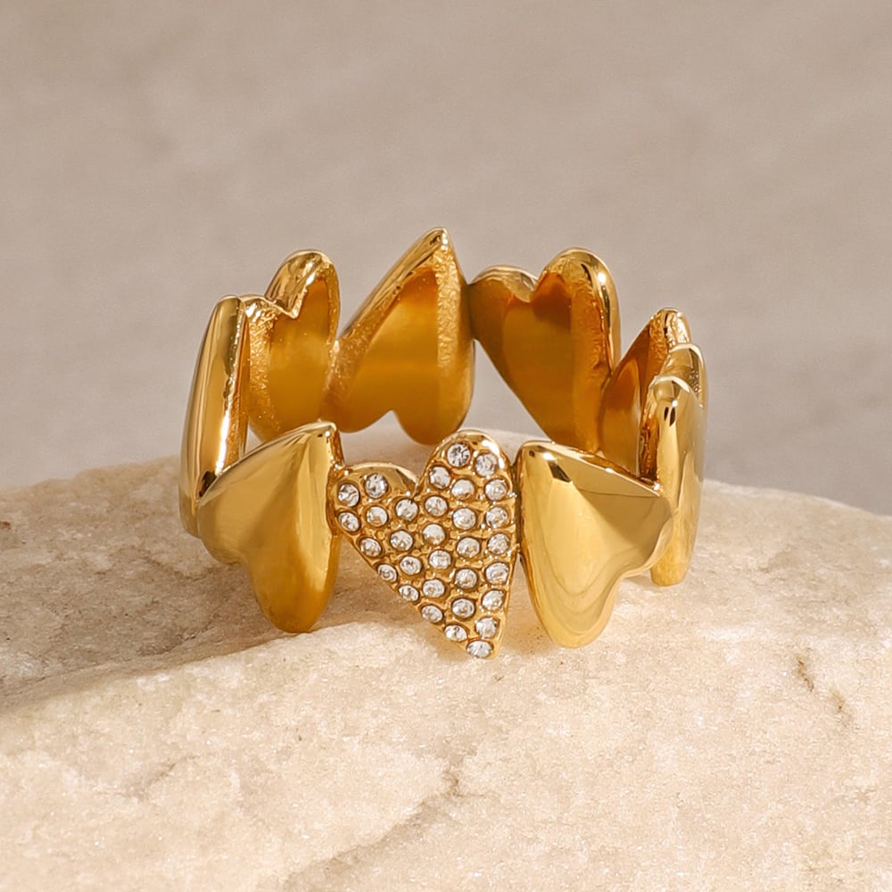 1 Piece Casual Heart Stainless Steel Gold Color Zircon Women's Single Rings 
