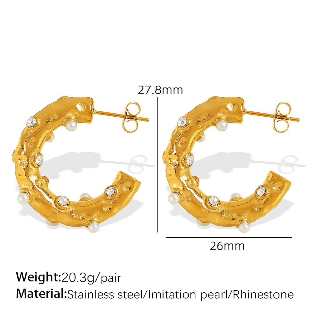 1 paire de boucles d'oreilles créoles rétro géométriques en acier inoxydable plaqué or  avec strass pour femme h5Image2