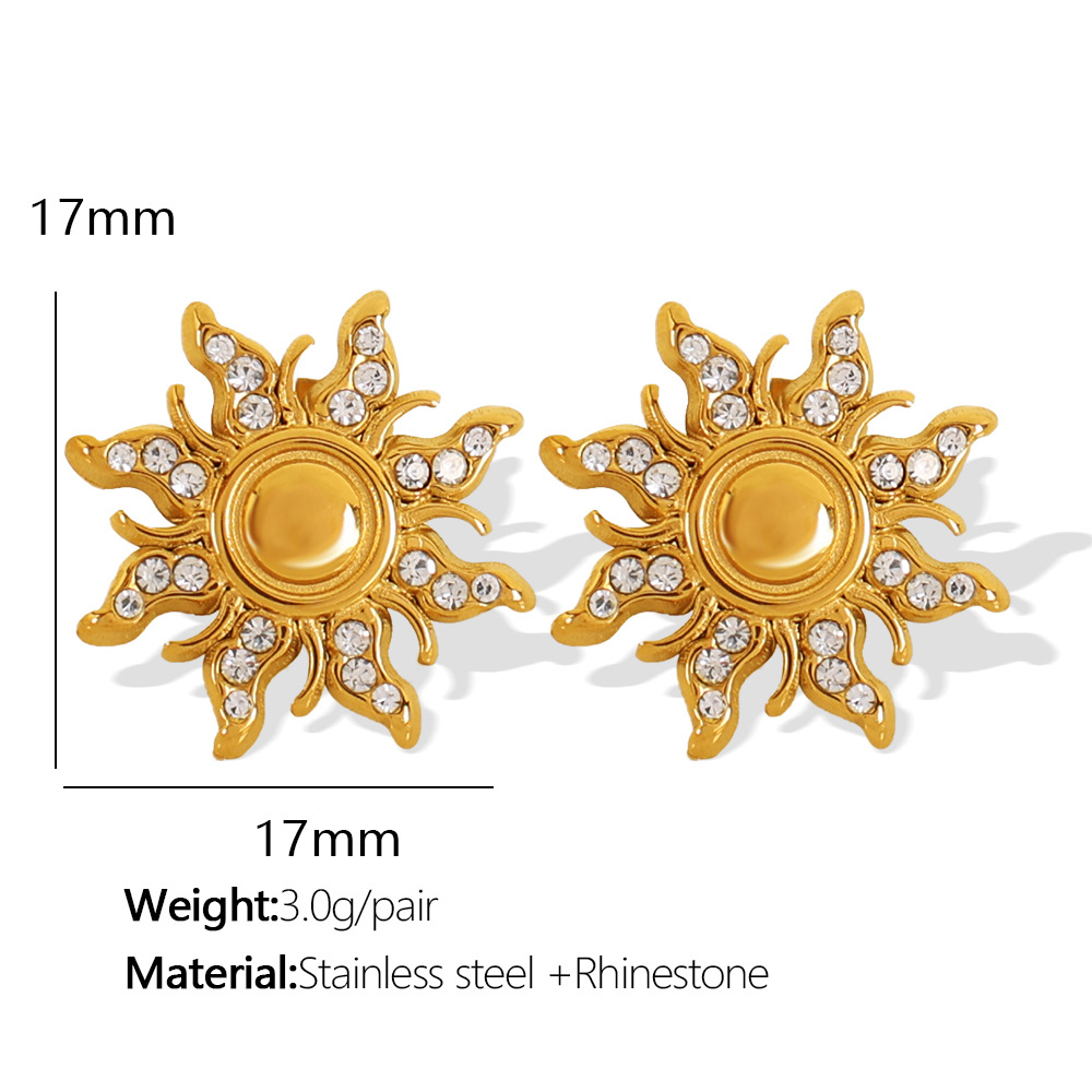 1 pair simple series retro sun/moon stainless steel  gold plated rhinestone women stud earrings h5Picture2