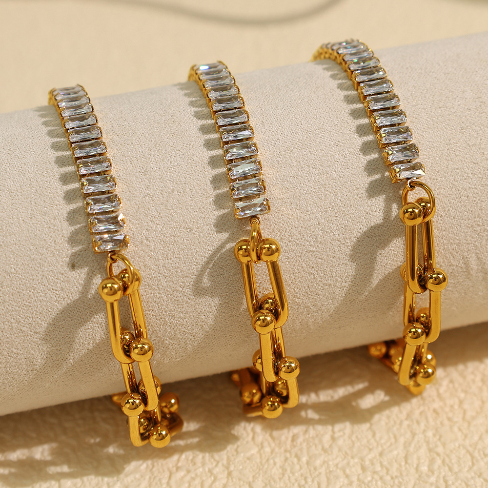 1 piece luxurious series simple geometric stainless steel  gold plated rhinestone women charm bracelets