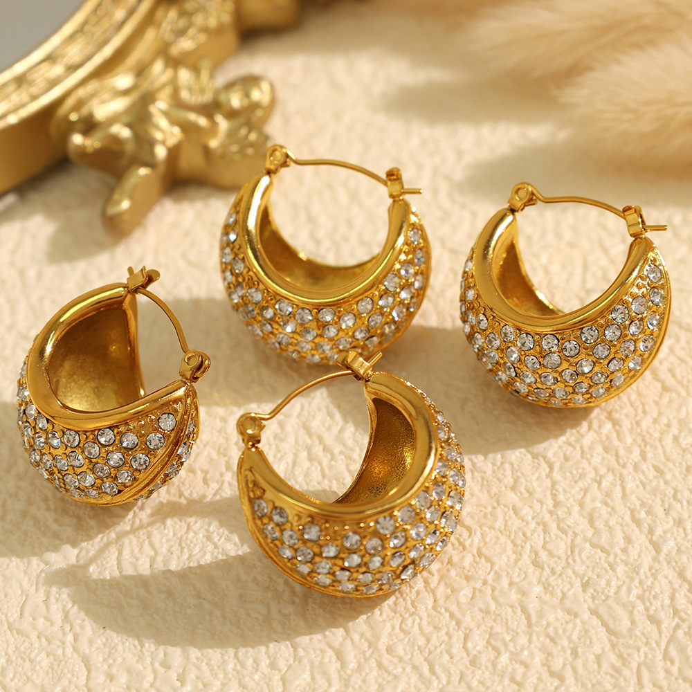 1 pair luxurious series classic geometric stainless steel  gold plated rhinestone women hoop earrings