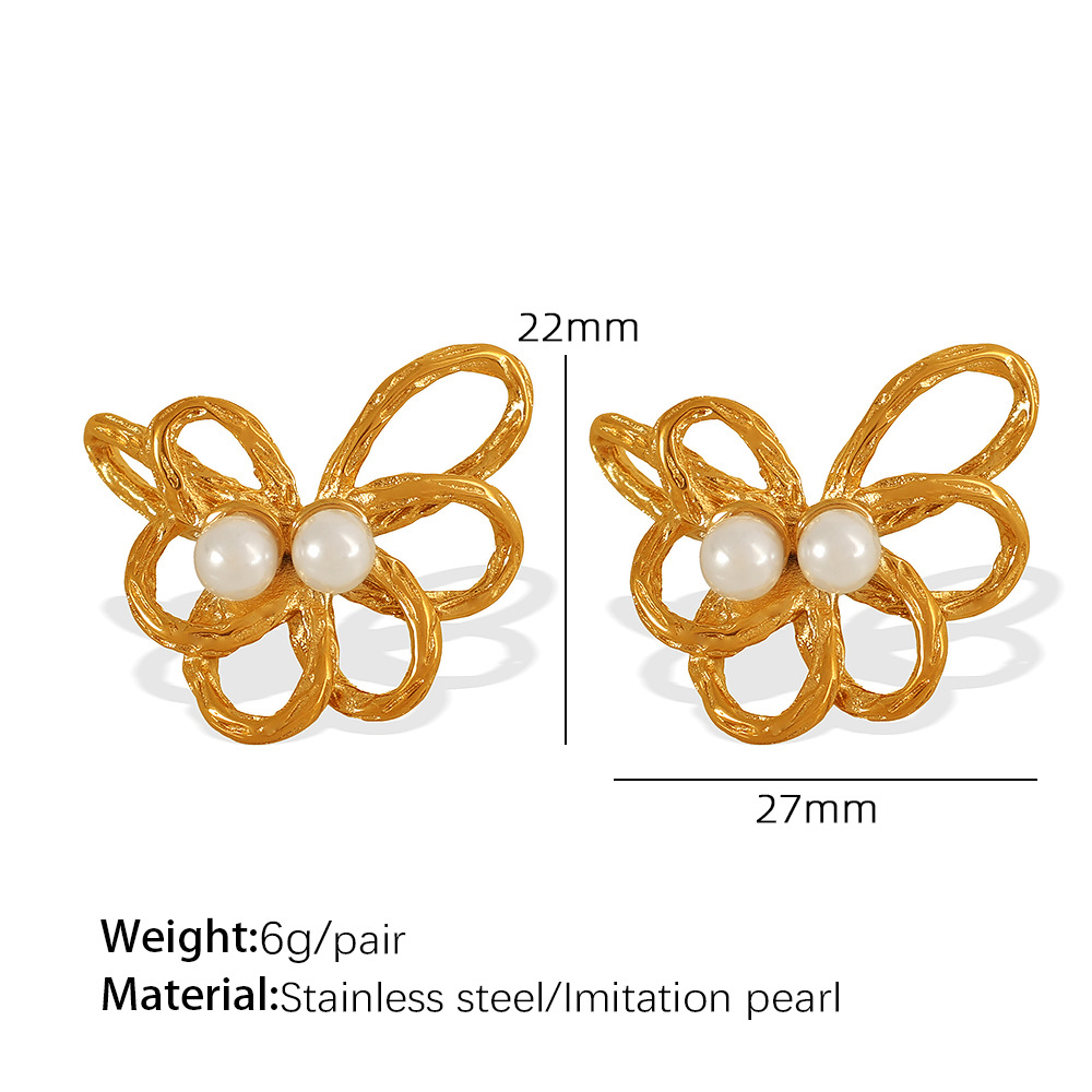 1 pair romantic series retro flower stainless steel  gold plated artificial pearl women stud earrings h5Picture2