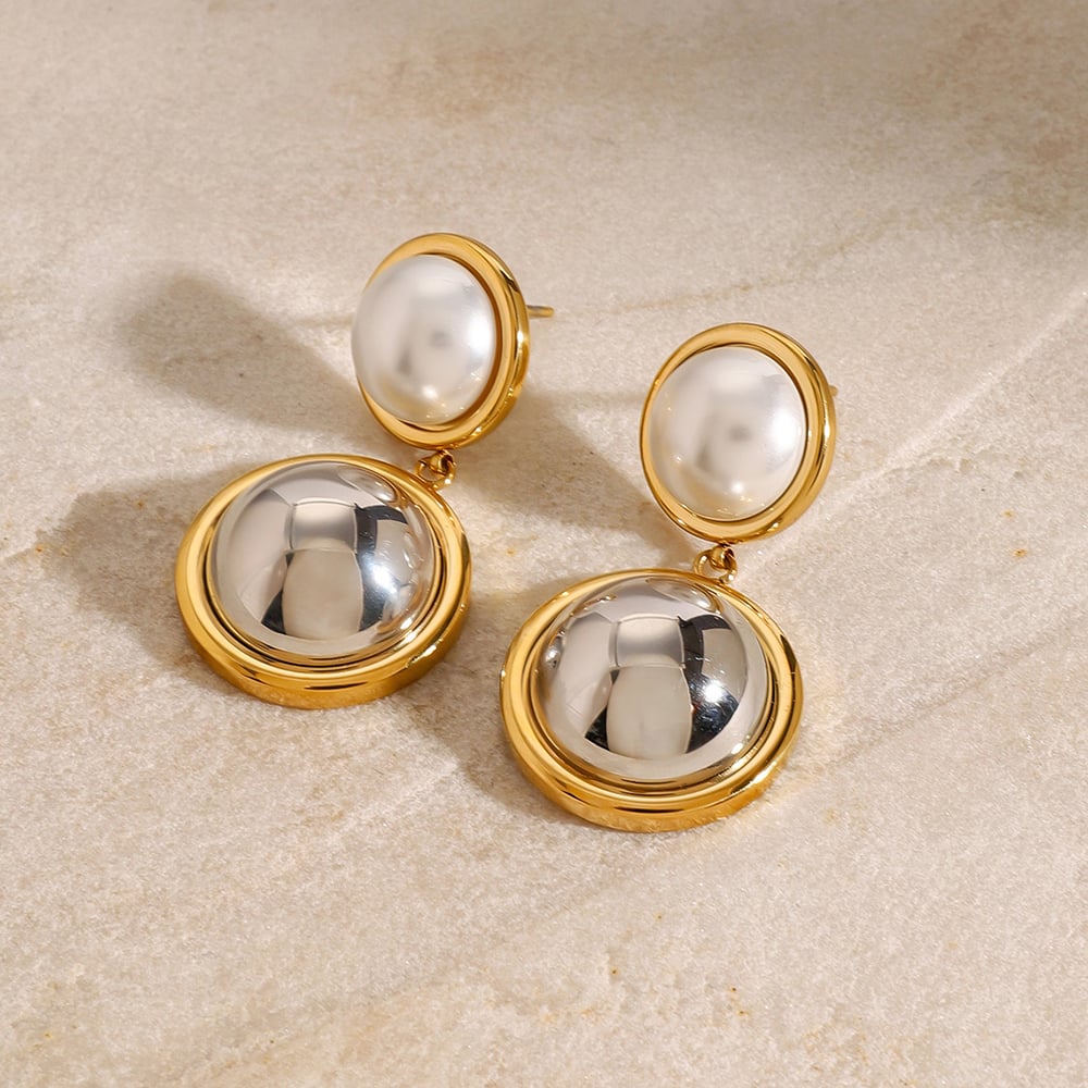1 pair simple series  round stainless steel  gold plated artificial pearl women drop earrings 