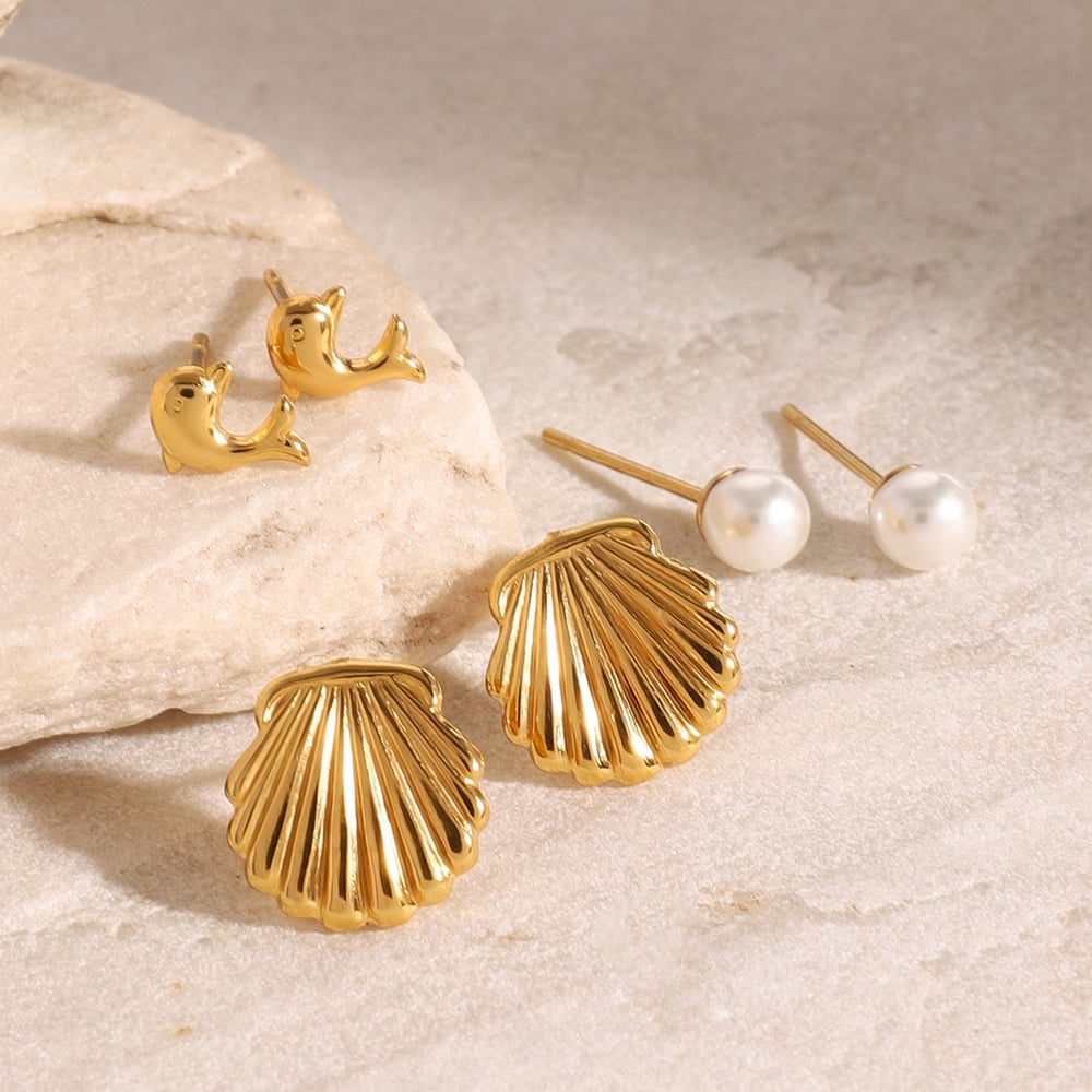 1 pair simple series  turtle stainless steel  gold plated artificial pearl women earrings set