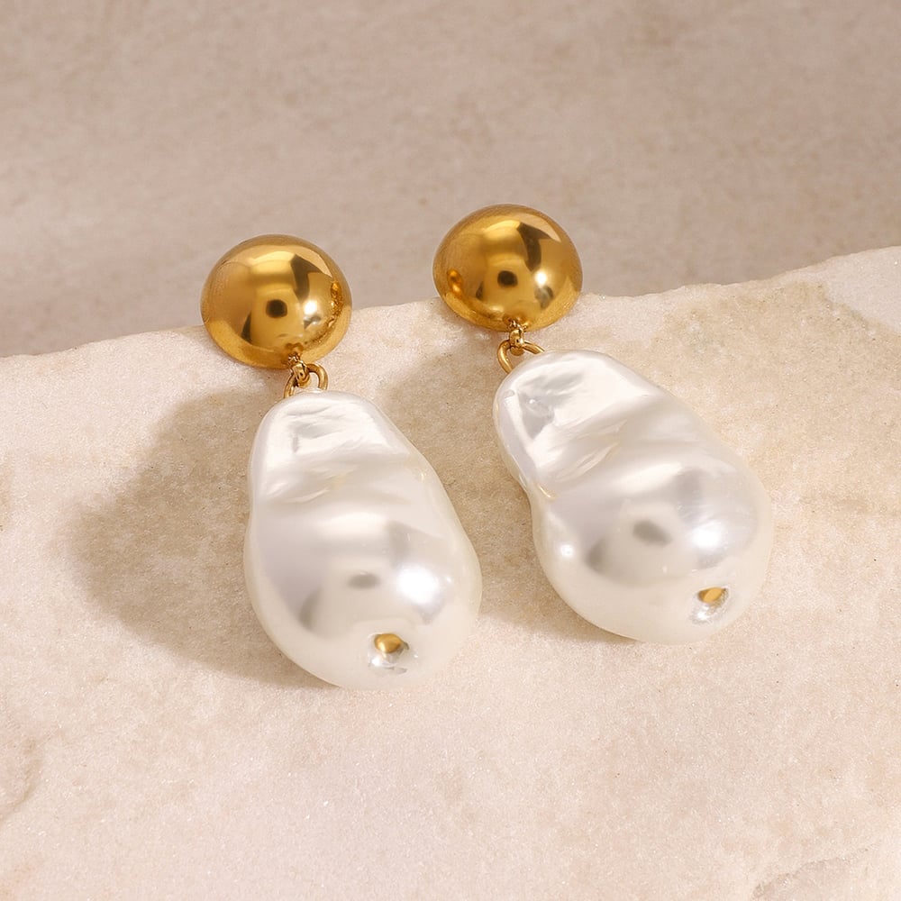 1 pair classic series  oval stainless steel  gold plated artificial pearl women drop earrings