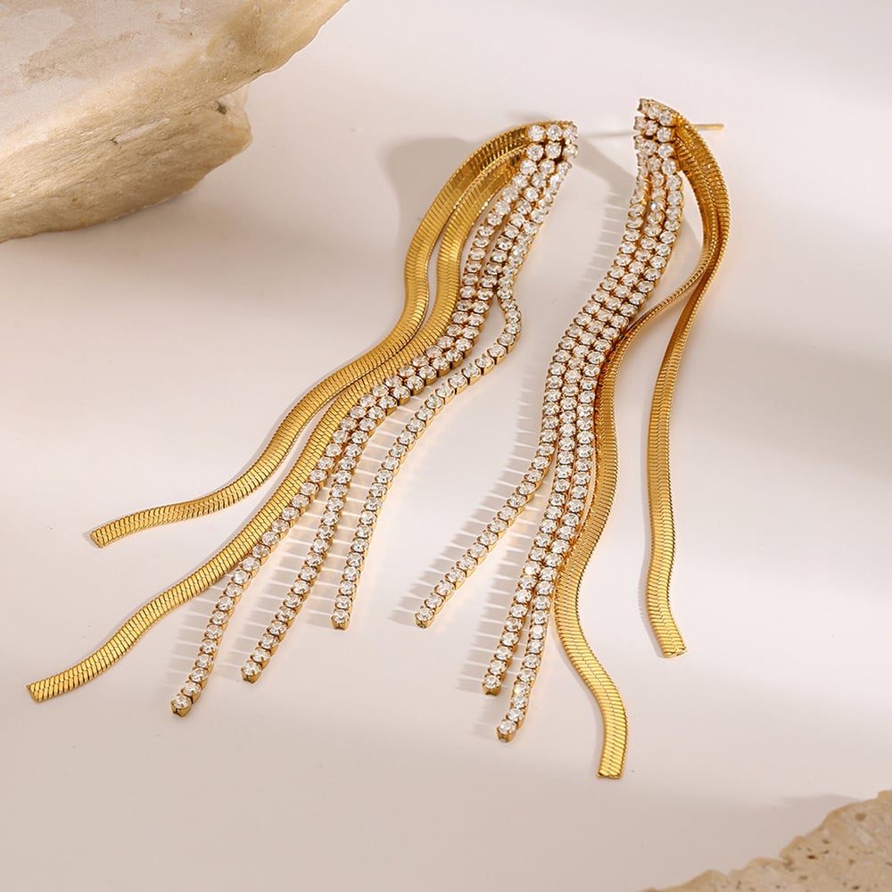 1 pair classic series elegant line stainless steel  gold plated rhinestone women drop earrings